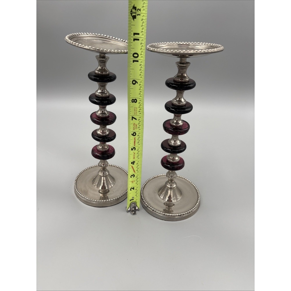 Pillar Candle Holder Set of 2 Made In India Metal Glass Beaded Design Vintage - Picture 3 of 16